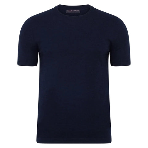 Mens Superfine Merino Wool Knitted T-Shirt Navy