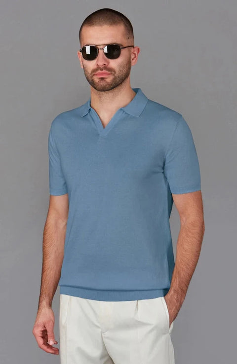 Mens Ultra Fine Cotton Buttonless Polo Shirt Bluestone