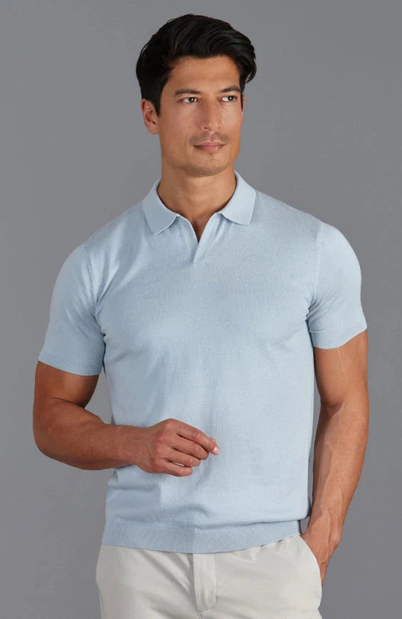 Mens Ultra Fine Cotton Buttonless Polo Shirt  Chalk Blue
