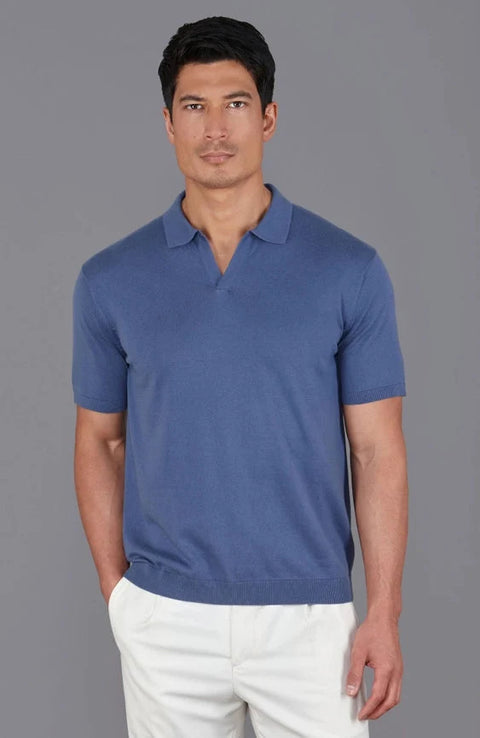 Mens Ultra Fine Cotton Buttonless Polo Shirt Indigo Blue