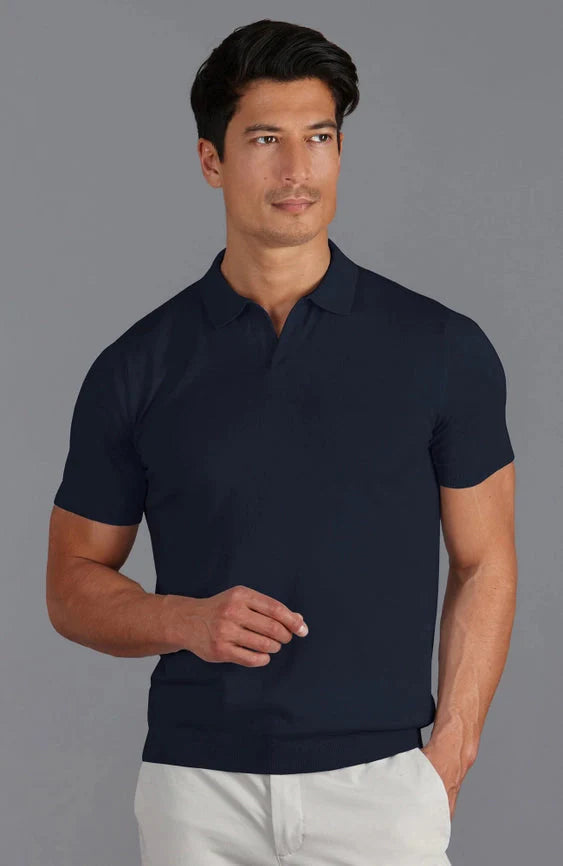 Mens Ultra Fine Cotton Buttonless Polo Shirt Navy