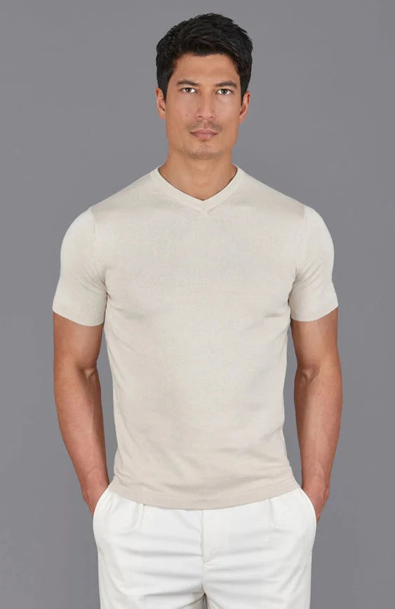 Mens Ultra Fine Cotton High V Neck Knitted T-Shirt  Birch