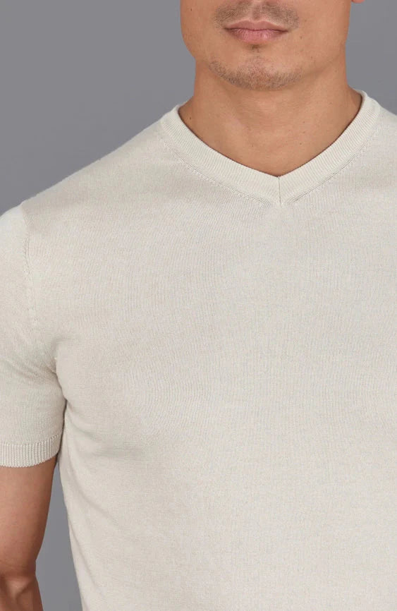 Mens Ultra Fine Cotton High V Neck Knitted T-Shirt  Birch