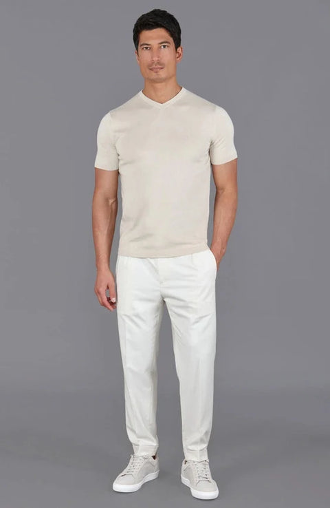 Mens Ultra Fine Cotton High V Neck Knitted T-Shirt  Birch