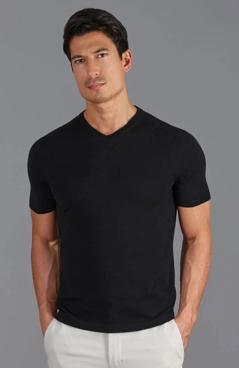 Mens Ultra Fine Cotton High V Neck Knitted T-Shirt Black