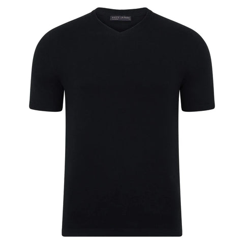 Mens Ultra Fine Cotton High V Neck Knitted T-Shirt Black