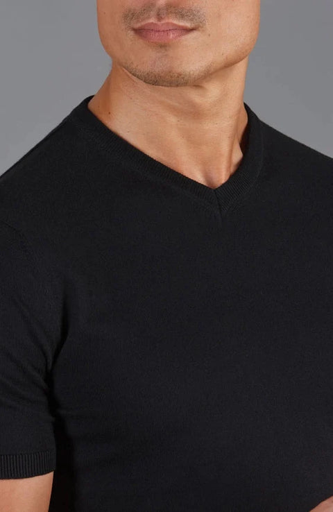 Mens Ultra Fine Cotton High V Neck Knitted T-Shirt Black