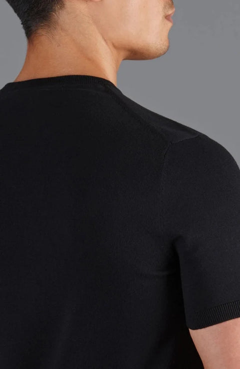 Mens Ultra Fine Cotton High V Neck Knitted T-Shirt Black
