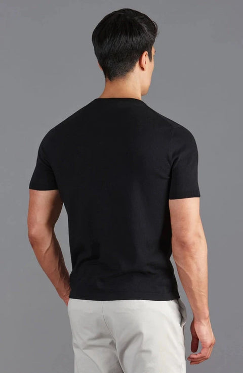 Mens Ultra Fine Cotton High V Neck Knitted T-Shirt Black
