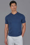 Mens Ultra Fine Cotton High V Neck Knitted T-Shirt Blue Melange