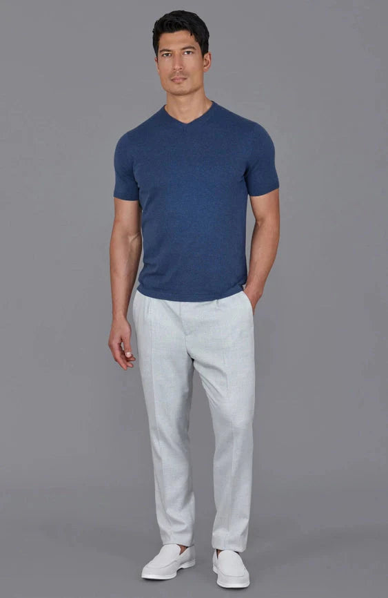 Mens Ultra Fine Cotton High V Neck Knitted T-Shirt Blue Melange