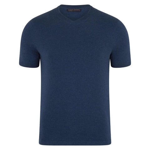 Mens Ultra Fine Cotton High V Neck Knitted T-Shirt Blue Melange