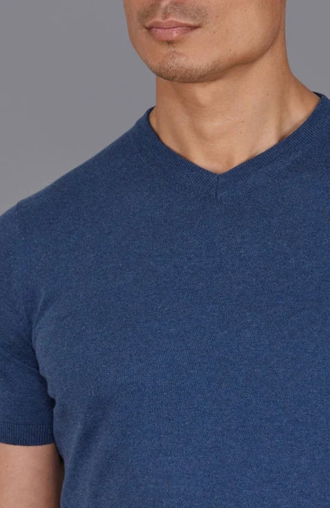 Mens Ultra Fine Cotton High V Neck Knitted T-Shirt Blue Melange