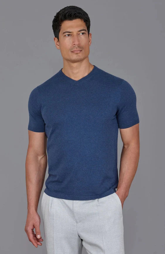 Mens Ultra Fine Cotton High V Neck Knitted T-Shirt Blue Melange