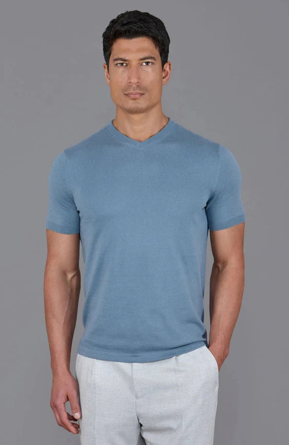 Mens Ultra Fine Cotton High V Neck Knitted T-Shirt Bluestone
