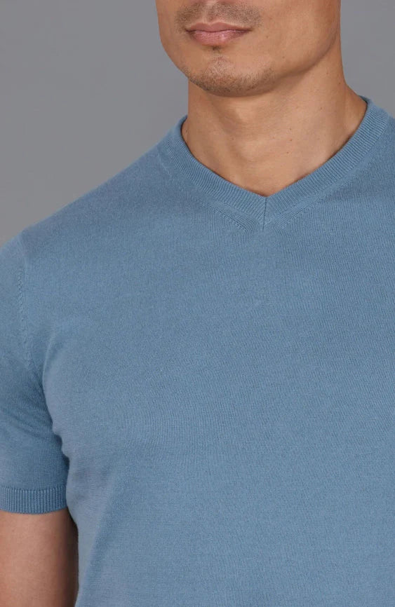 Mens Ultra Fine Cotton High V Neck Knitted T-Shirt Bluestone