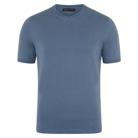 Mens Ultra Fine Cotton High V Neck Knitted T-Shirt Bluestone