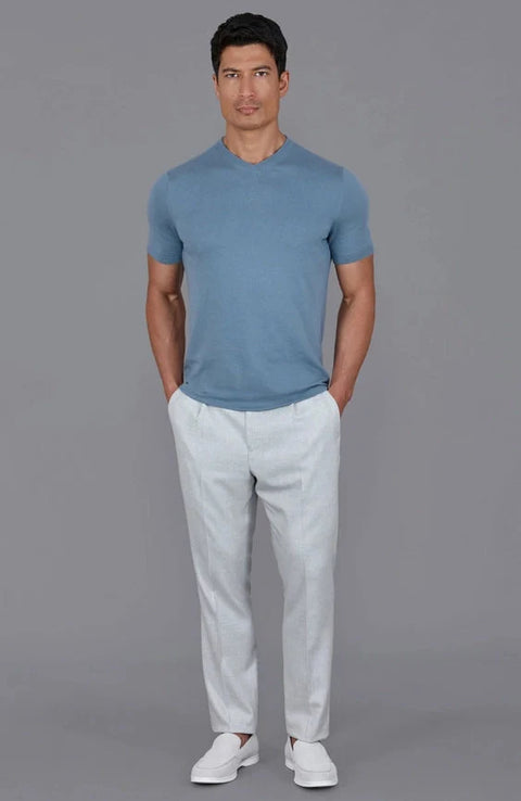 Mens Ultra Fine Cotton High V Neck Knitted T-Shirt Bluestone
