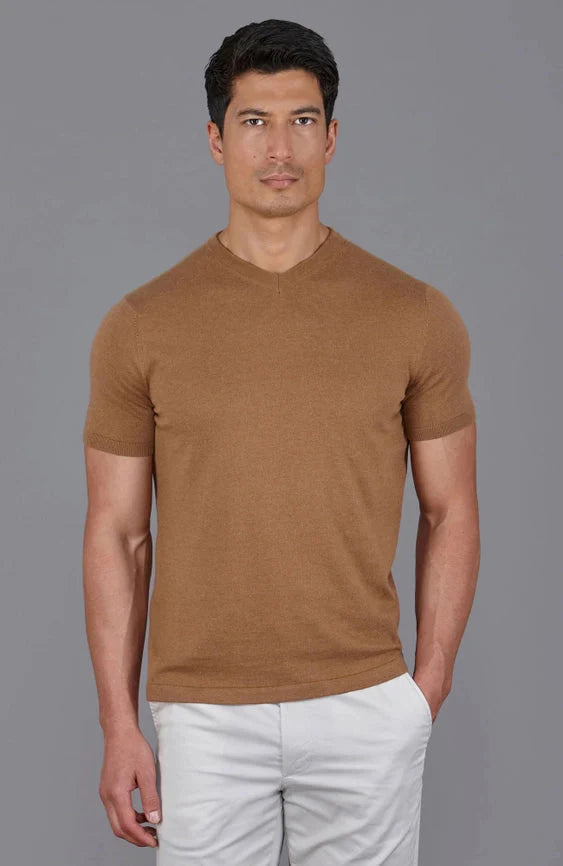 Mens Ultra Fine Cotton High V Neck Knitted T-Shirt Camel