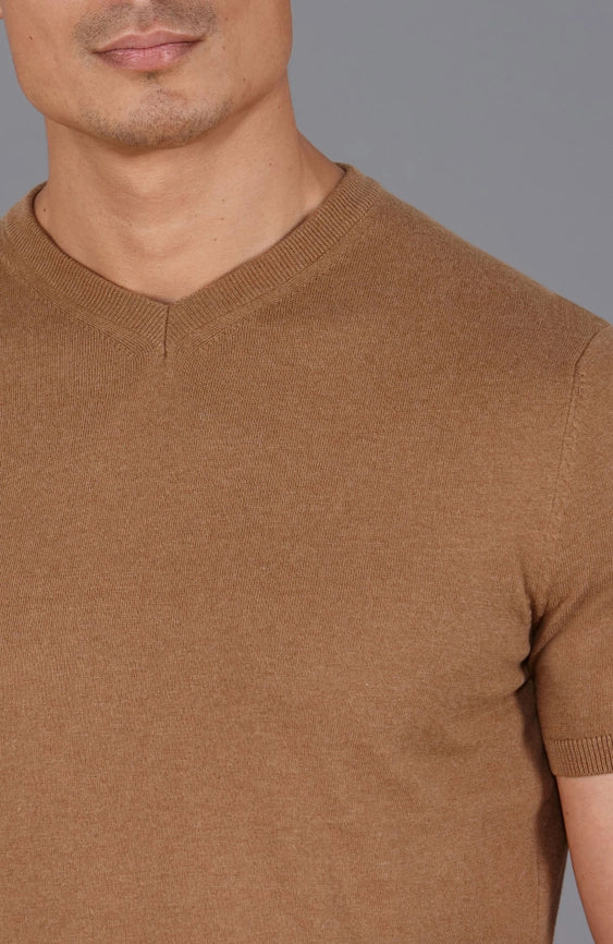 Mens Ultra Fine Cotton High V Neck Knitted T-Shirt Camel