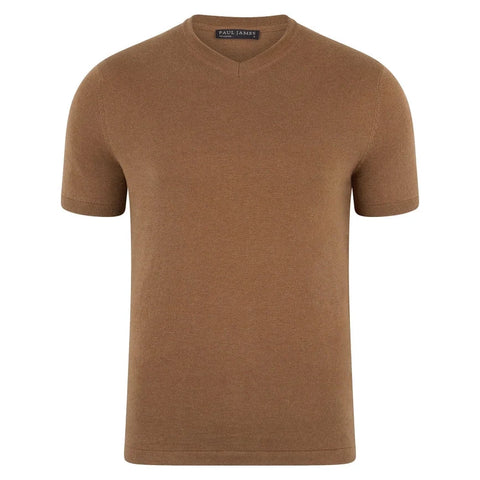 Mens Ultra Fine Cotton High V Neck Knitted T-Shirt Camel