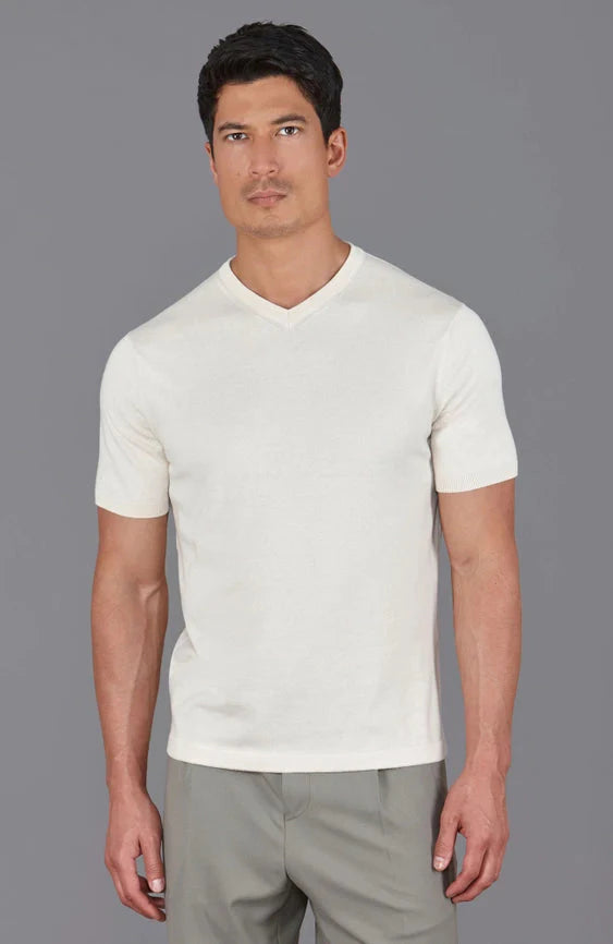 Mens Ultra Fine Cotton High V Neck Knitted T-Shirt Ecru
