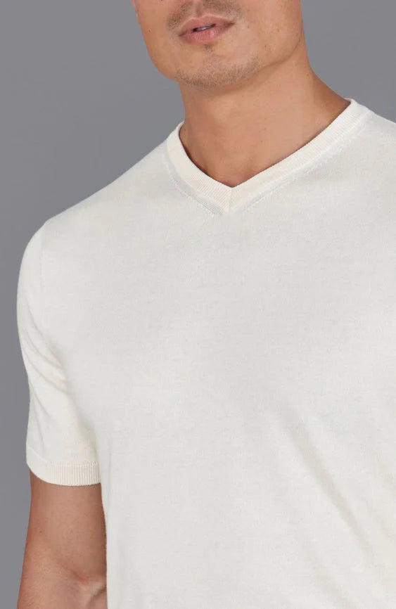Mens Ultra Fine Cotton High V Neck Knitted T-Shirt Ecru