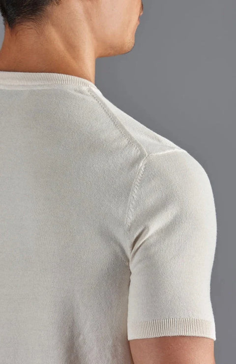 Mens Ultra Fine Cotton High V Neck Knitted T-Shirt Ecru