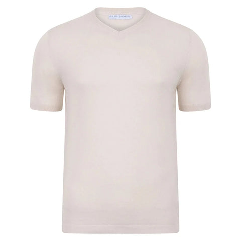 Mens Ultra Fine Cotton High V Neck Knitted T-Shirt Ecru