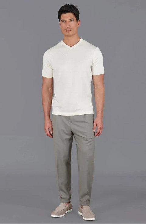 Mens Ultra Fine Cotton High V Neck Knitted T-Shirt Ecru