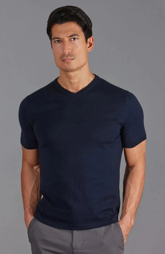 Mens Ultra Fine Cotton High V Neck Knitted T-Shirt Navy