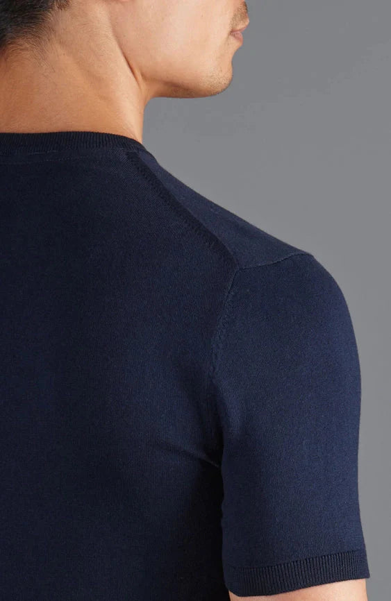Mens Ultra Fine Cotton High V Neck Knitted T-Shirt Navy