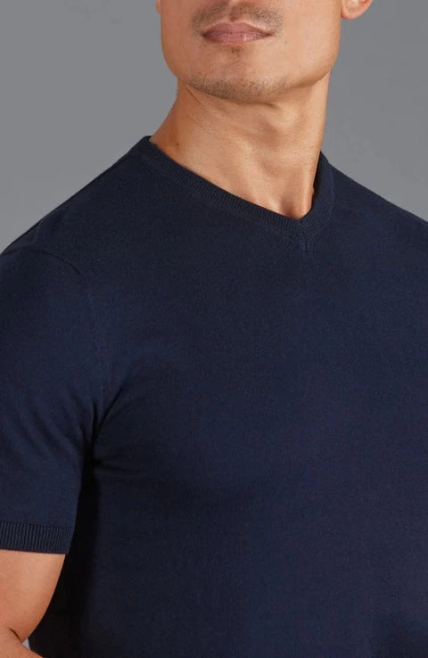 Mens Ultra Fine Cotton High V Neck Knitted T-Shirt Navy