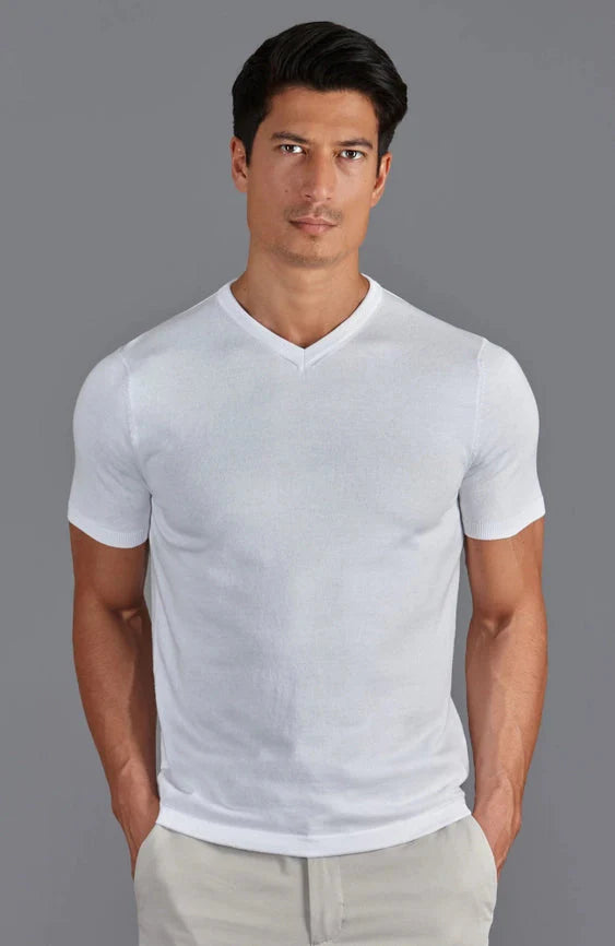 Mens Ultra Fine Cotton High V Neck Knitted T-Shirt White