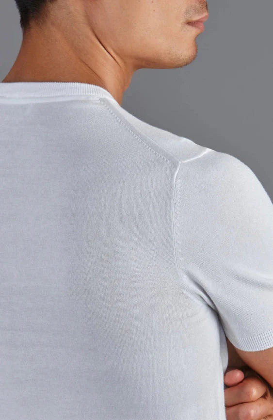 Mens Ultra Fine Cotton High V Neck Knitted T-Shirt White
