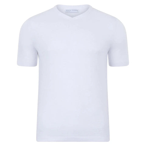 Mens Ultra Fine Cotton High V Neck Knitted T-Shirt White