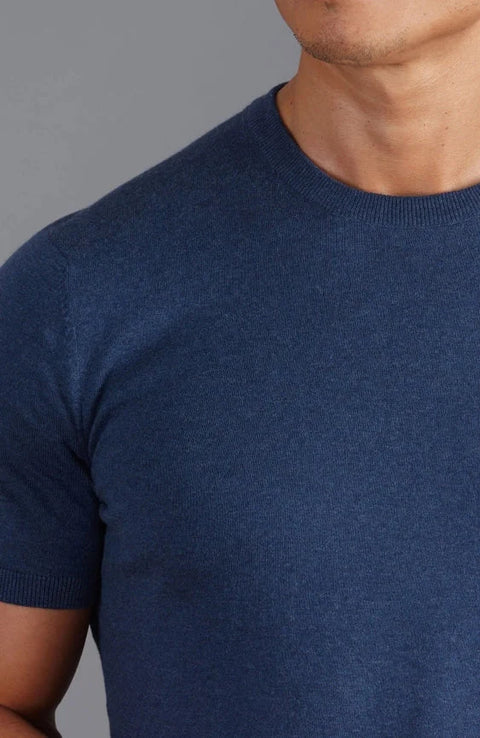 Mens Ultra Fine Cotton Knitted T-Shirt  Blue Melange