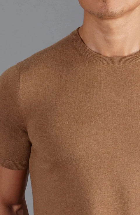 Mens Ultra Fine Cotton Knitted T-Shirt Camel