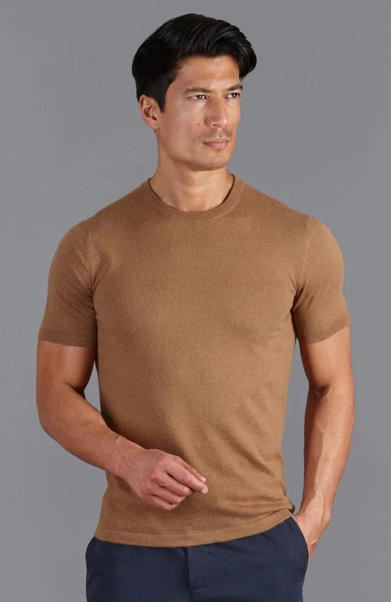 Mens Ultra Fine Cotton Knitted T-Shirt Camel
