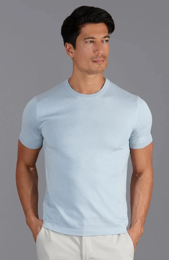 Mens Ultra Fine Cotton Knitted T-Shirt  Chalk Blue