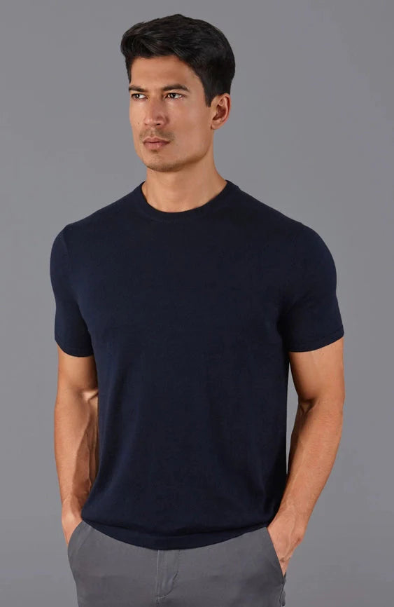 Mens Ultra Fine Cotton Knitted T-Shirt  Navy