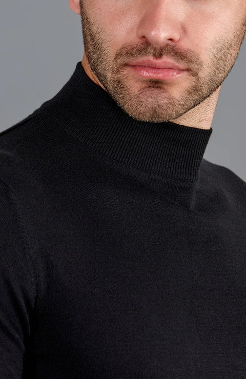 Mens Ultra Fine Cotton Mock Turtle Neck Jumper Black