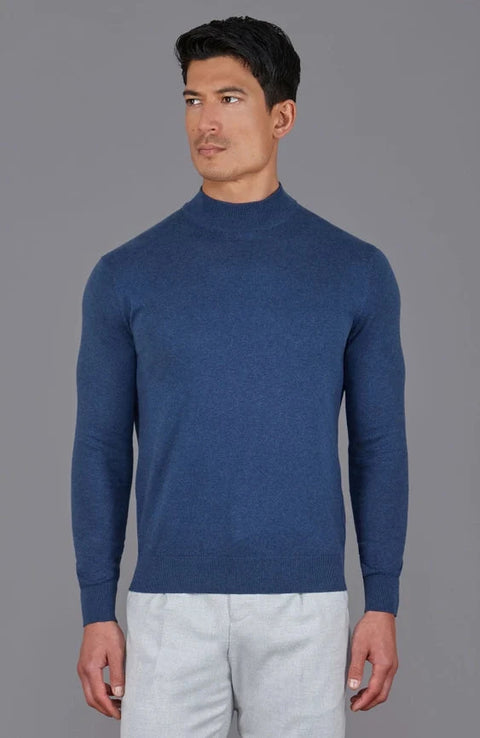 Mens Ultra Fine Cotton Mock Turtle Neck Jumper Blue Melange