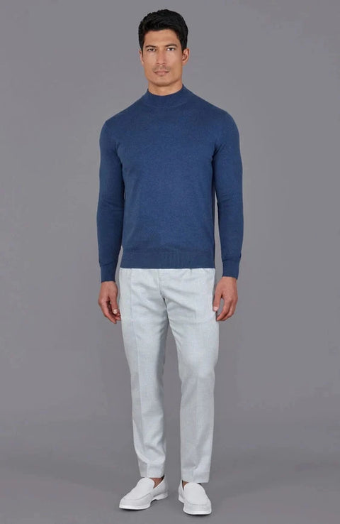 Mens Ultra Fine Cotton Mock Turtle Neck Jumper Blue Melange