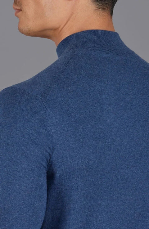 Mens Ultra Fine Cotton Mock Turtle Neck Jumper Blue Melange