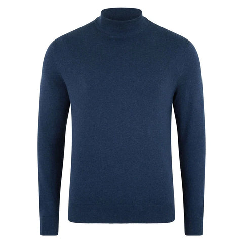 Mens Ultra Fine Cotton Mock Turtle Neck Jumper Blue Melange
