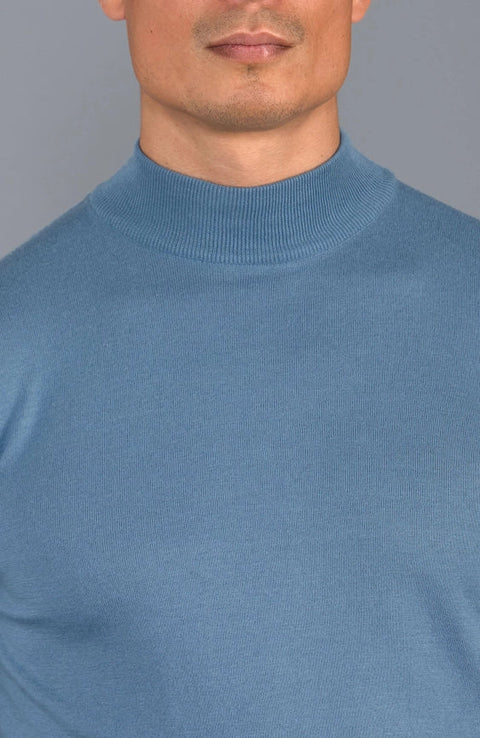Mens Ultra Fine Cotton Mock Turtle Neck Jumper Bluestone