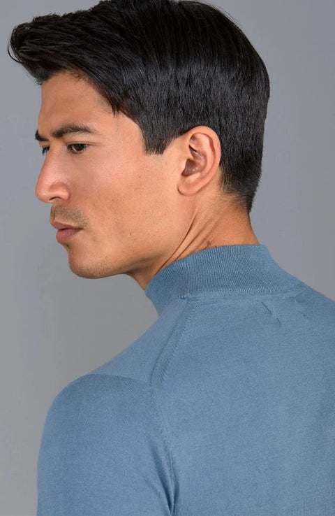Mens Ultra Fine Cotton Mock Turtle Neck Jumper Bluestone