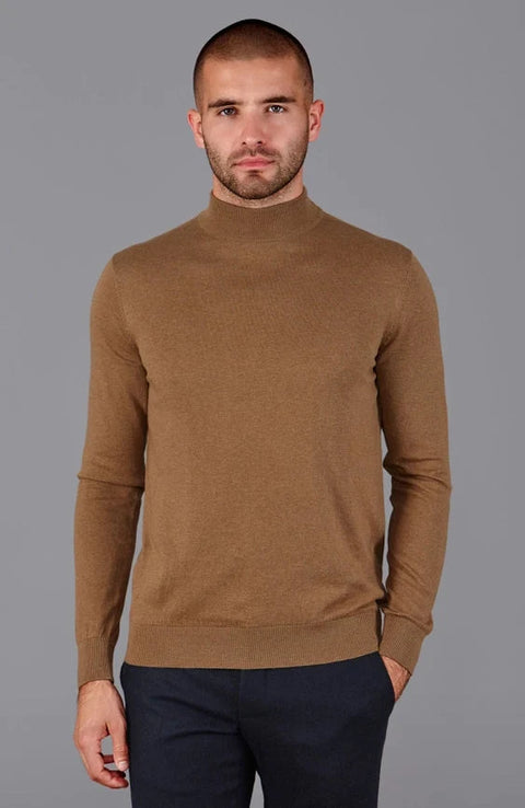 Mens Ultra Fine Cotton Mock Turtle Neck Jumper Camel