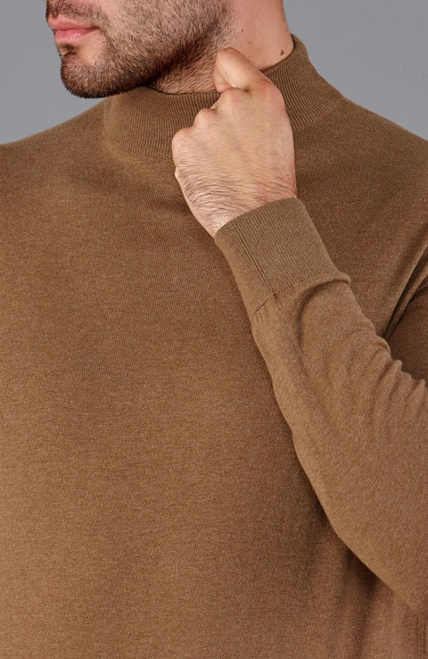Mens Ultra Fine Cotton Mock Turtle Neck Jumper Camel